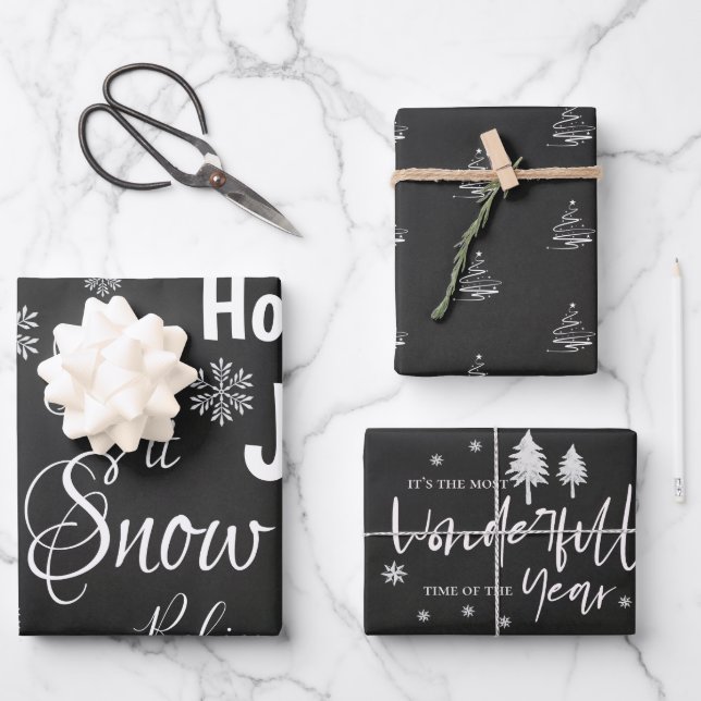 Cute Let It Snow Black Merry Christmas Quote Gift Wrapping Paper Sheet (Front)