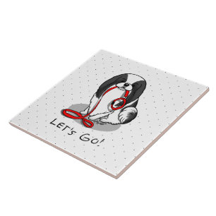 Cute Let's Go! Japanese Chin Dog (black & white 1) Tile