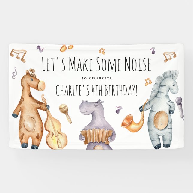 Cute Lets Make Some Noise African Animals Birthday Banner (Horizontal)