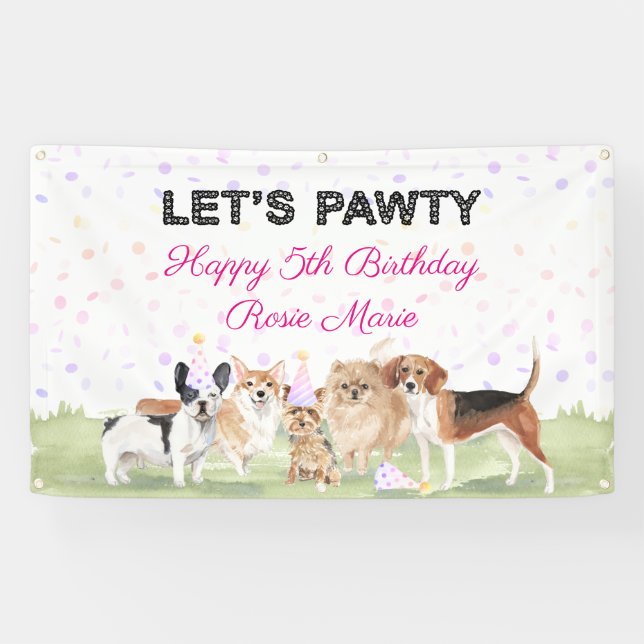 Cute Let's Pawty Pink Custom Dog Birthday Party Banner (Horizontal)