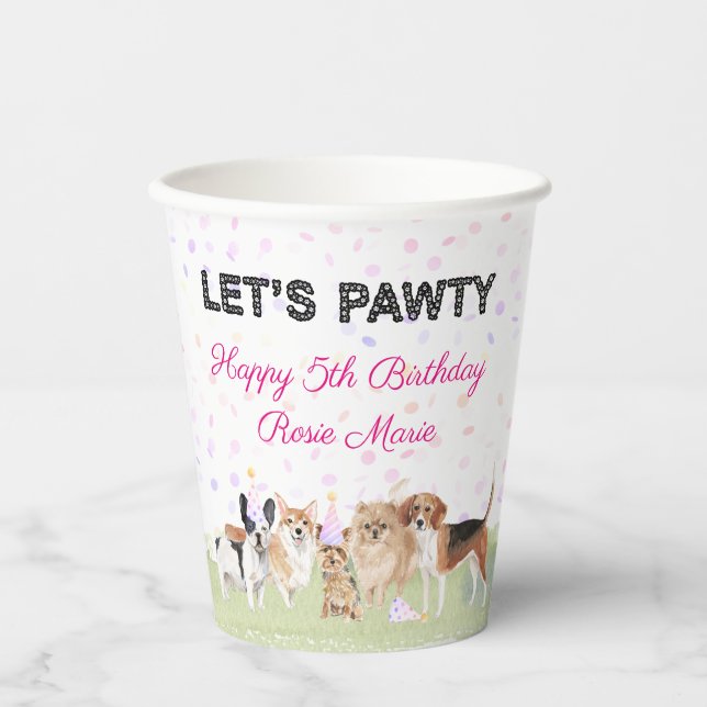 Cute Let's Pawty Pink Custom Dog Birthday Party Paper Cups (Front)