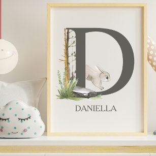 Cute Letter D Monogram Rabbit Woodland Nursery  Poster