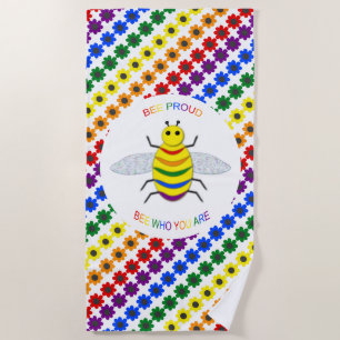 Cute LGBT proud Rainbow Bee and flowers Beach Towel