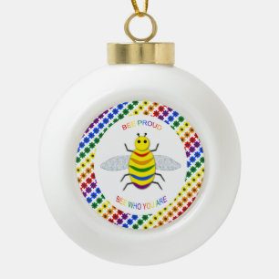 Cute LGBT Proud Rainbow Bee and Flowers Ceramic Ball Christmas Ornament