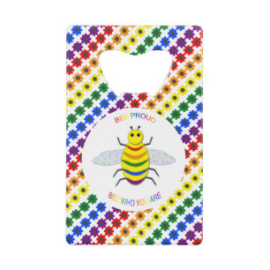 Cute LGBT Proud Rainbow Bee and Flowers Credit Card Bottle Opener