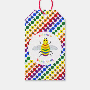 Cute LGBT Proud Rainbow bee and Flowers Custom Gift Tags
