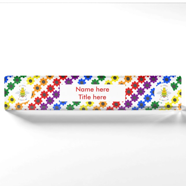 Cute LGBT Proud Rainbow Bee and Flowers Custom Nameplate (Front)