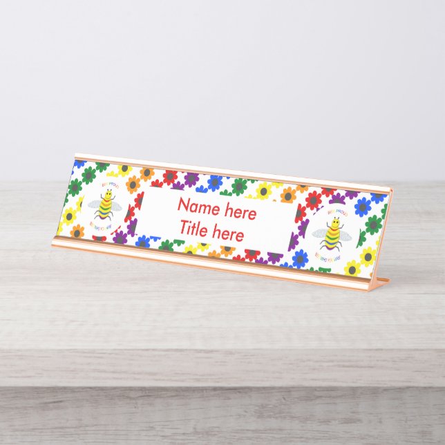 Cute LGBT Proud Rainbow Bee and Flowers Desk Name Plate (Front)