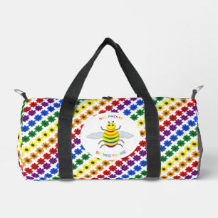 Cute LGBT Proud Rainbow Bee and Flowers Duffle Bag