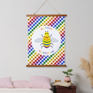 Cute LGBT Proud Rainbow Bee and Flowers Hanging Tapestry