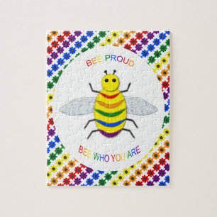 Cute LGBT Proud Rainbow Bee and Flowers Jigsaw Puzzle