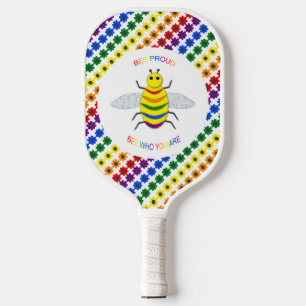 Cute LGBT Proud Rainbow Bee and Flowers Pickleball Paddle