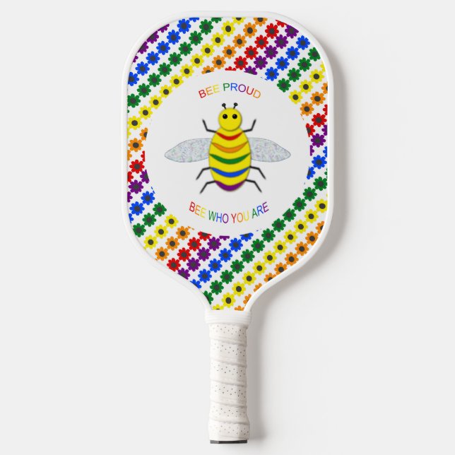 Cute LGBT Proud Rainbow Bee and Flowers Pickleball Paddle (Front)