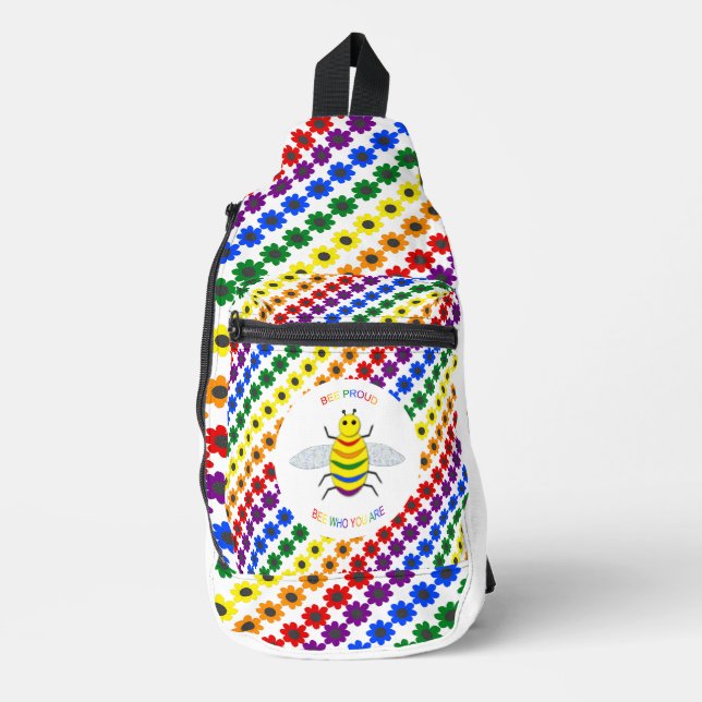 Cute LGBT Proud Rainbow Bee and Flowers Sling Bag (Front)