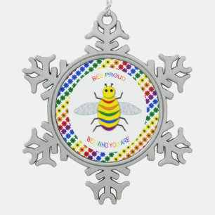 Cute LGBT Proud Rainbow Bee and Flowers Snowflake Pewter Christmas Ornament