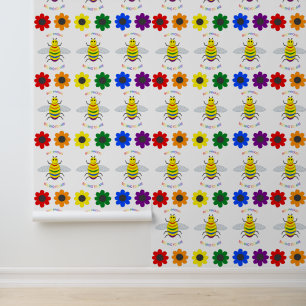 Cute LGBT Proud Rainbow Bee and Flowers Wallpaper