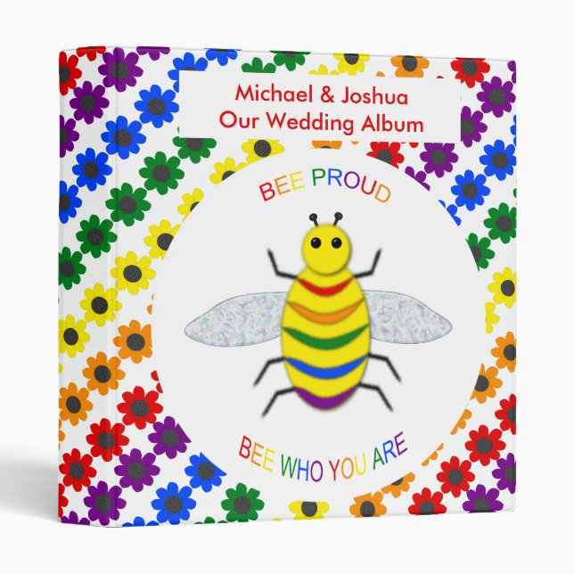 Cute LGBT Proud Rainbow Bee and Flowers Wedding Binder (Front/Spine)