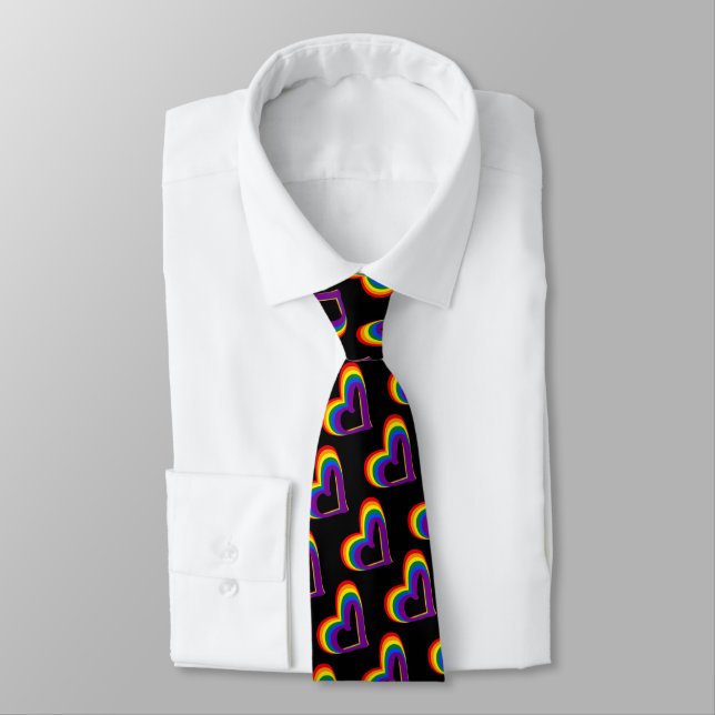 Cute LGBT Rainbow Flag Hearts Pattern Gay Pride Tie (Tied)