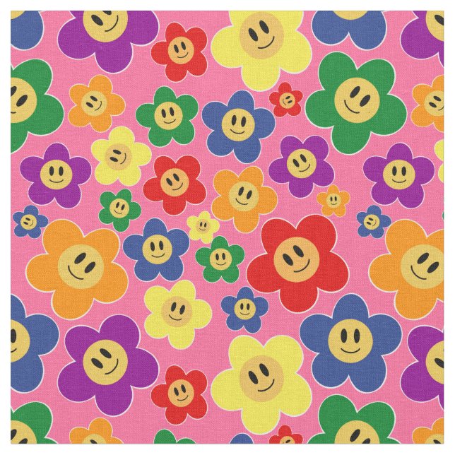 Cute LGBT Rainbow Flower Pattern - Pink Fabric (Close Up)