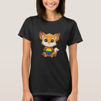 Cute LGBTQ Pride Rainbow Heart Fox Hugging LGBTQ H T-Shirt