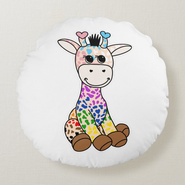 Cute LGBTQ+ Rainbow Giraffe Quasar Progress Pride  Round Pillow (Front)