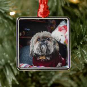 Cute lhasa apso puppy at Christmas b Metal Ornament
