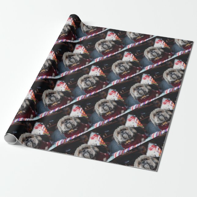 Cute lhasa apso puppy at Christmas b Wrapping Paper (Unrolled)