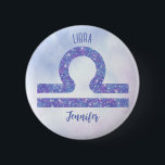 Cute Libra Astrology Sign Personalized 2 Inch Round Button<br><div class="desc">This pretty,  personalized purple and lavender Libra button features your astrological sign from the Zodiac in a beautiful sparkle like the constellations. Customize this cute gift with your name in cursive script for someone with a late September or early October birthday.</div>