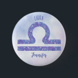 Cute Libra Astrology Sign Personalized 2 Inch Round Button<br><div class="desc">This pretty,  personalized purple and lavender Libra button features your astrological sign from the Zodiac in a beautiful sparkle like the constellations. Customize this cute gift with your name in cursive script for someone with a late September or early October birthday.</div>