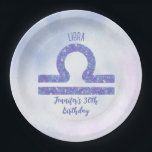 Cute Libra Sign Custom Purple Birthday Party Paper Plate<br><div class="desc">This pretty purple and lavender Libra birthday party paper plate features your astrological sign from the Zodiac in a beautiful sparkle like the constellations. Customize this cute decor with your name in cursive script for someone with a late September or early October birthday.</div>