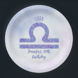 Cute Libra Sign Custom Purple Birthday Party Paper Plate<br><div class="desc">This pretty purple and lavender Libra birthday party paper plate features your astrological sign from the Zodiac in a beautiful sparkle like the constellations. Customize this cute decor with your name in cursive script for someone with a late September or early October birthday.</div>
