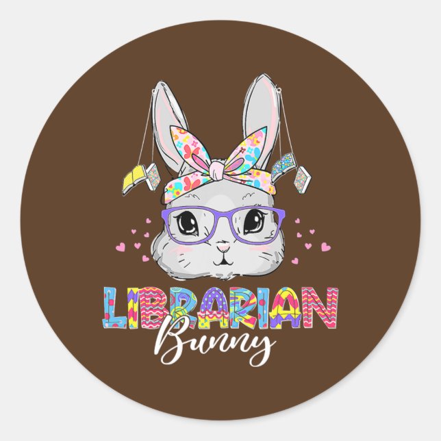 Cute Librarian Bunny Reading Book Lover Happy Classic Round Sticker (Front)