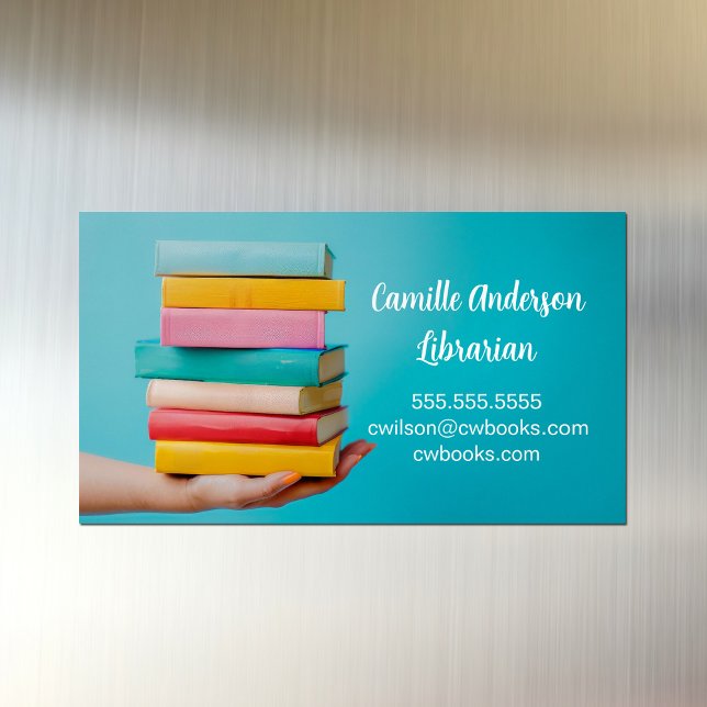 Cute Librarian or Bookstore Stack of Books in Hand Magnetic Business Card (Creator Uploaded)