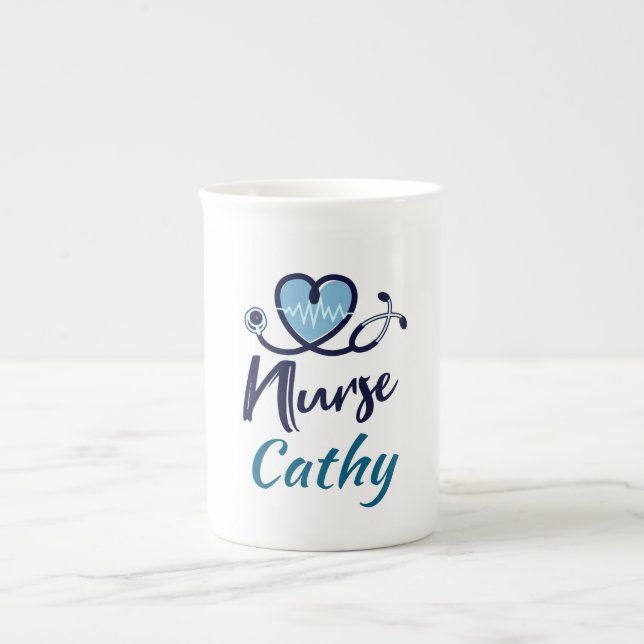 Cute Life Line  Nurse Blue Heart Personalize  Bone China Mug (Front)