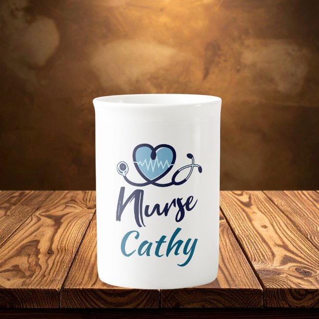 Cute Life Line  Nurse Blue Heart Personalize  Bone China Mug (Creator Uploaded)