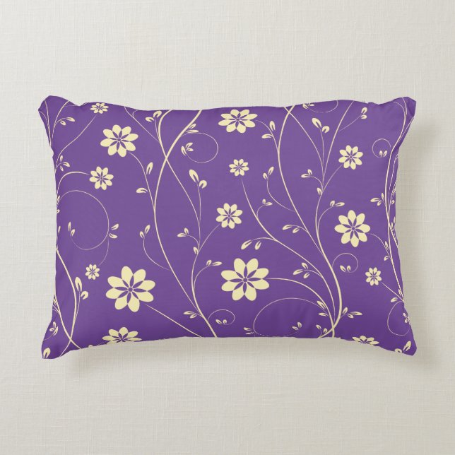 Cute Light Beige & Purple Delicate Floral Pattern Accent Pillow (Front)