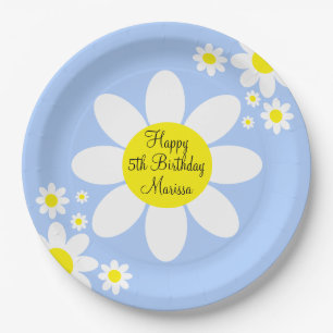 Cute Light Blue and White Floral 5th Birthday Paper Plate
