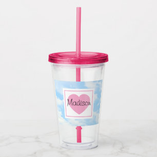 Cute Light Blue Cloudy Sky Pink Heart Custom Name Acrylic Tumbler