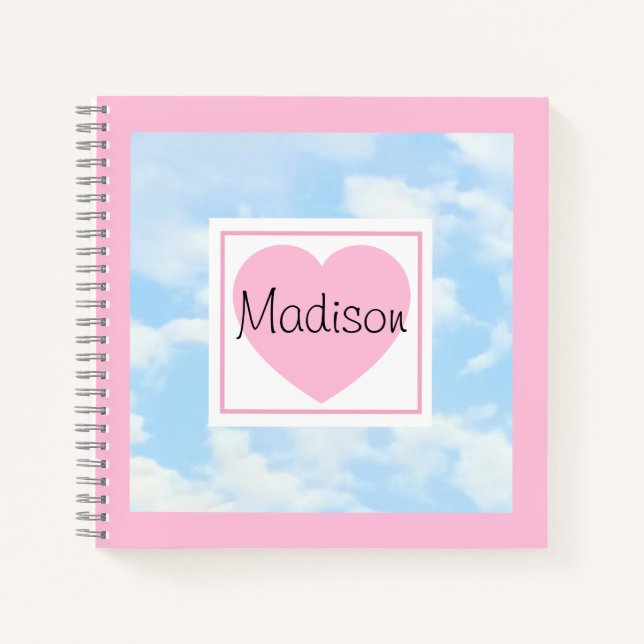 Cute Light Blue Cloudy Sky Pink Heart Custom Name Notebook (Front)