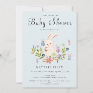 Cute Light Blue Easter Bunny Baby Shower Invitation