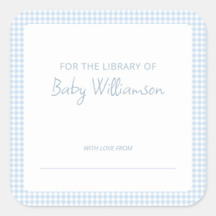 Cute Light Blue Gingham Baby Shower Bookplate Square Sticker