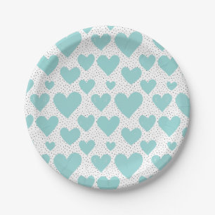 Cute Light Blue Hearts and Confetti Pattern Party Paper Plate