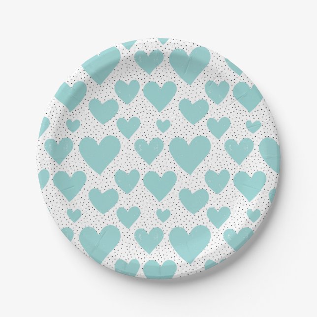 Cute Light Blue Hearts and Confetti Pattern Party Paper Plate (Front)