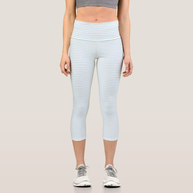Cute light blue ivory stripes pattern elegant chic capri leggings (Front)