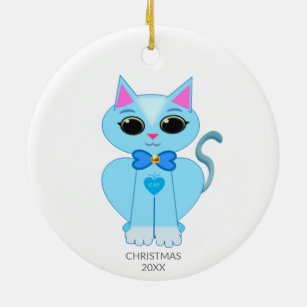Cute light blue kitty cat & text ceramic ornament
