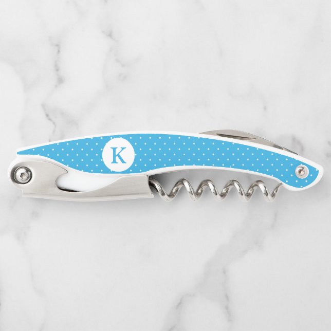 Cute Light Blue Polka Dot Pattern Monogram Corkscrew (Front)