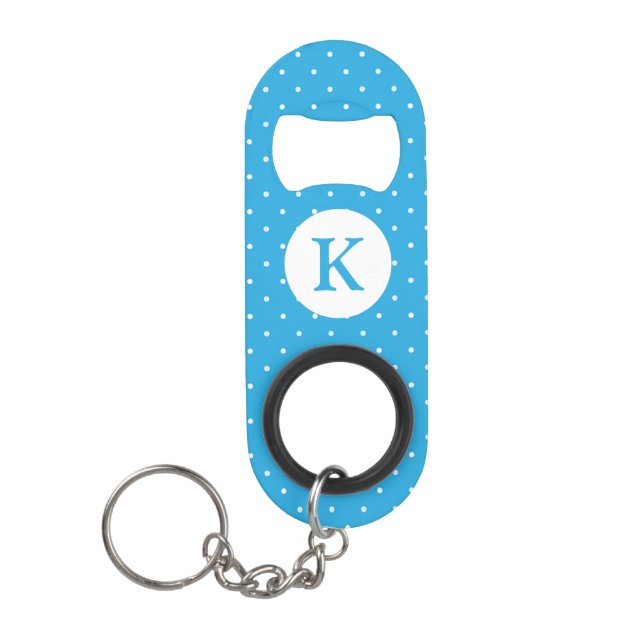 Cute Light Blue Polka Dot Pattern Monogram Keychain Bottle Opener (Front)