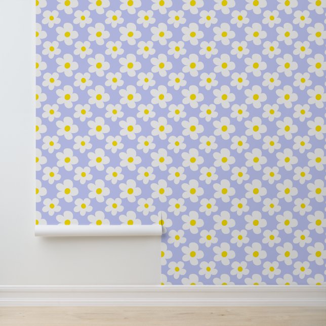 Cute Light Blue Retro Daisies Pattern Baby Nursery Wallpaper (Application)