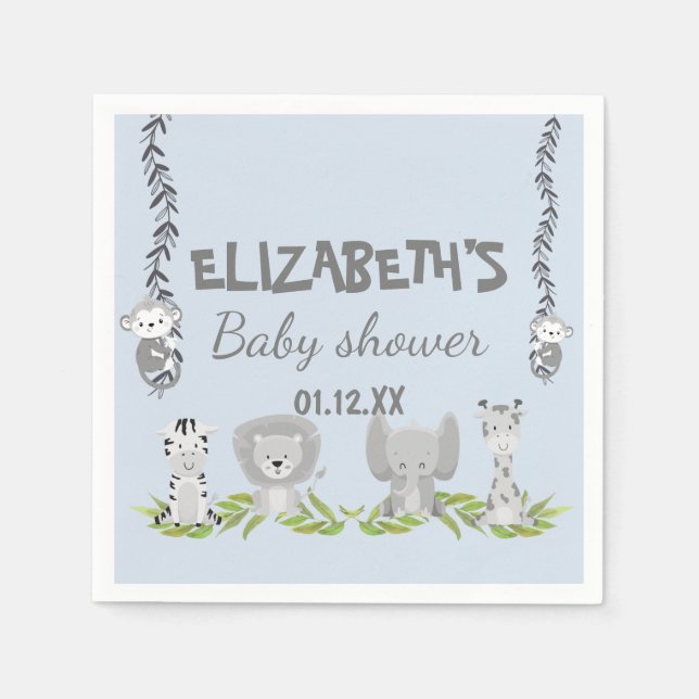 Cute Light Blue Safari Animals Boy Baby Shower Napkin (Front)