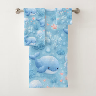 Cute light blue whale bath towel set